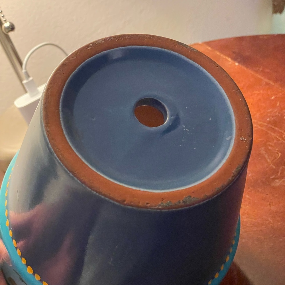Hand crafted upcycled BEE Terra cotta pot painted blue purple yellow dots floral - Picture 10 of 14